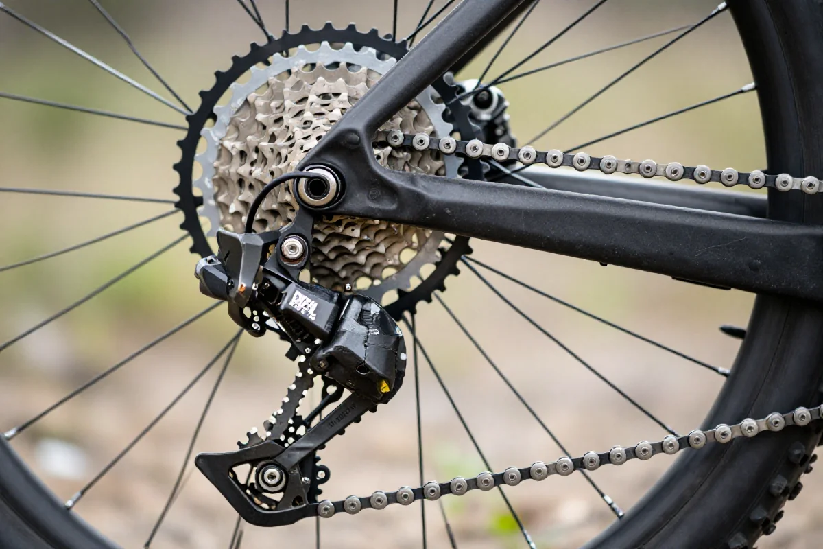 Szczegóły napędu MTB, łańcuch i zębatki w naturalnym świetle