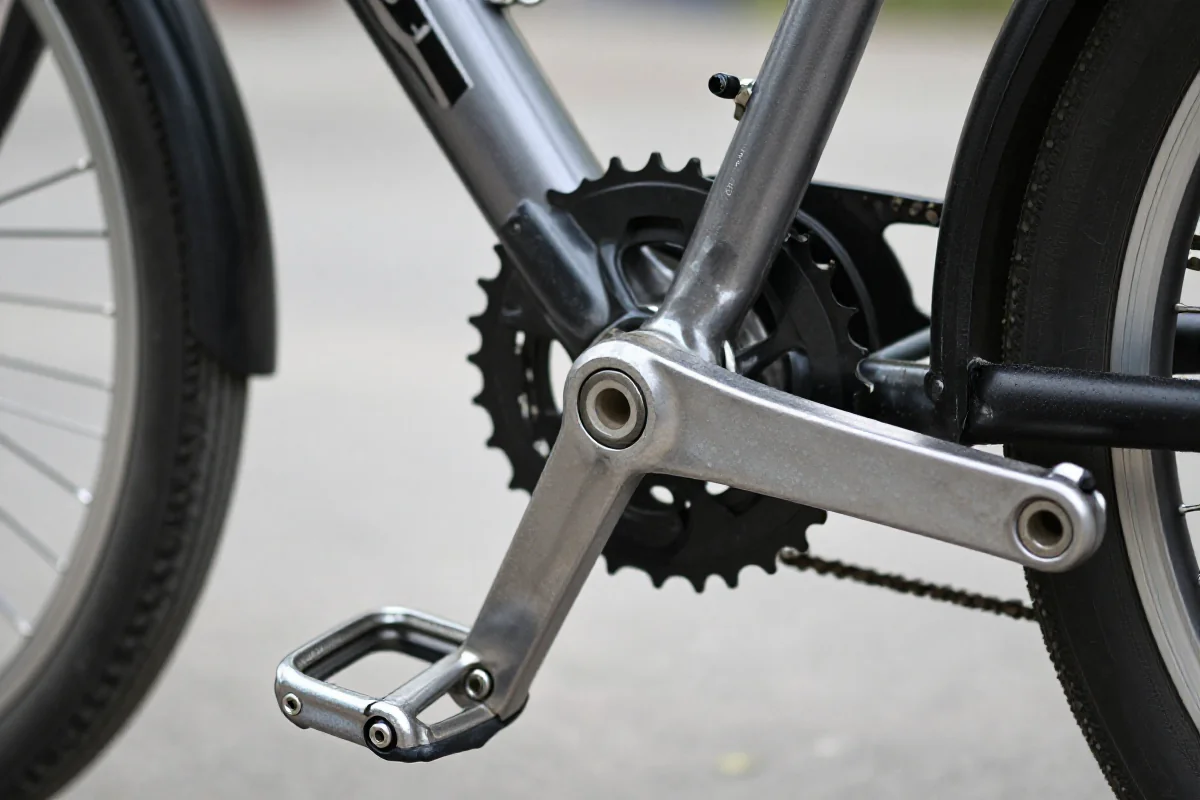 Zbliżenie pedału i korby roweru szosowego, ukazujące detale mechanizmu.