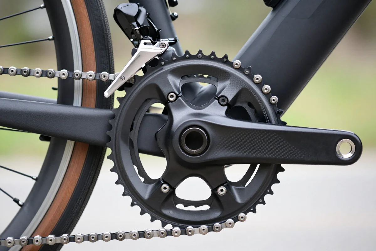 Widok na suport rowerowy z detalami napędu, kluczowy element w rowerze.