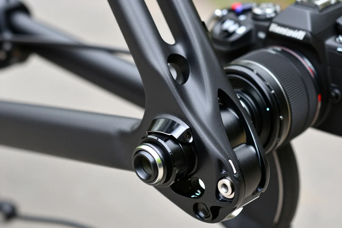 Zbliżenie na suport Press-Fit roweru szosowego, ukazujące szczegóły i precyzję montażu.