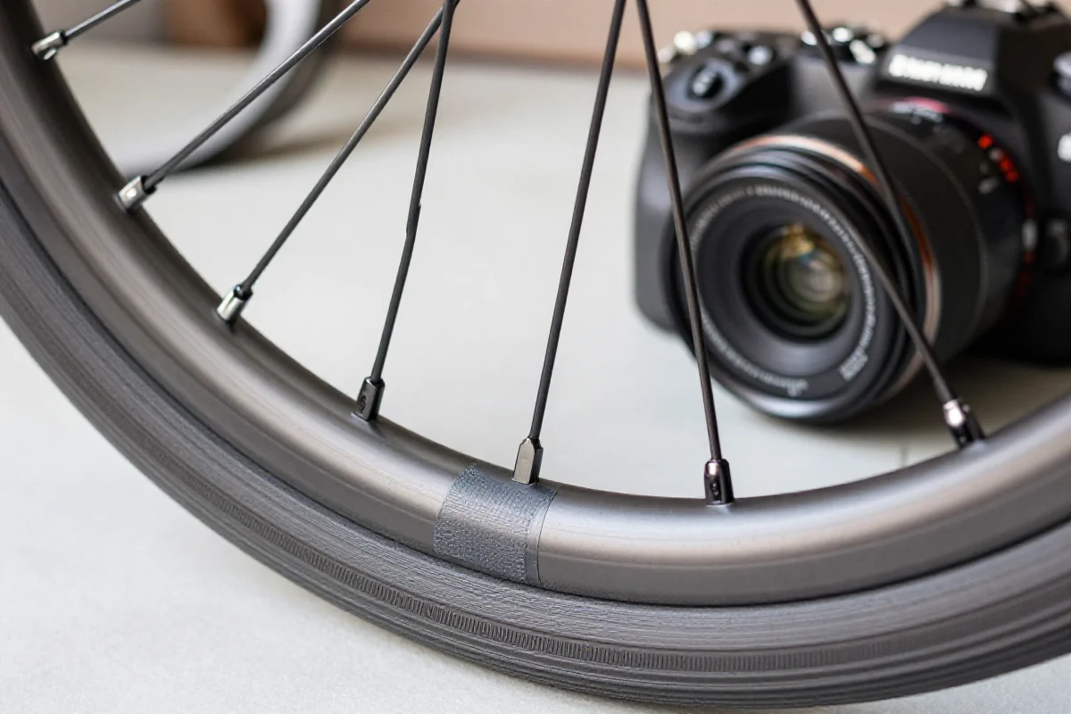 Bliższe ujęcie standardowej obręczy rowerowej z konwersją na system Tubeless.