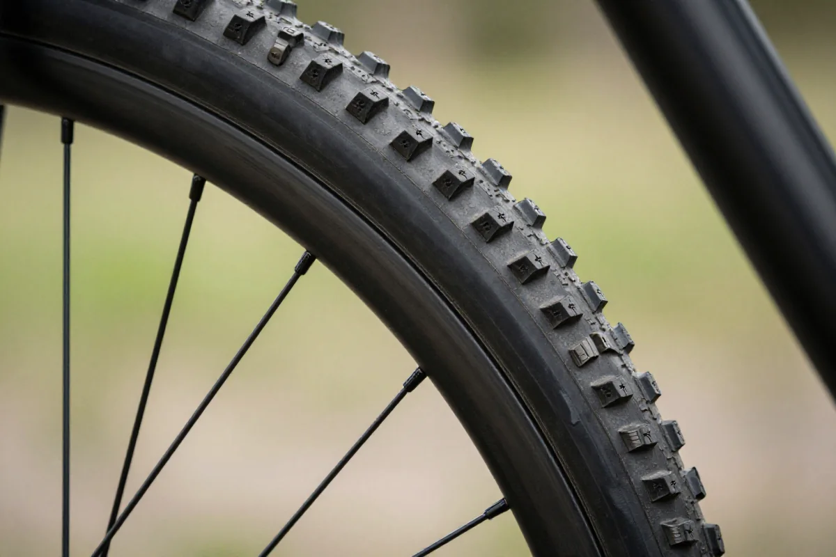 Widok z bliska opony roweru górskiego tubeless z uszczelniaczem.