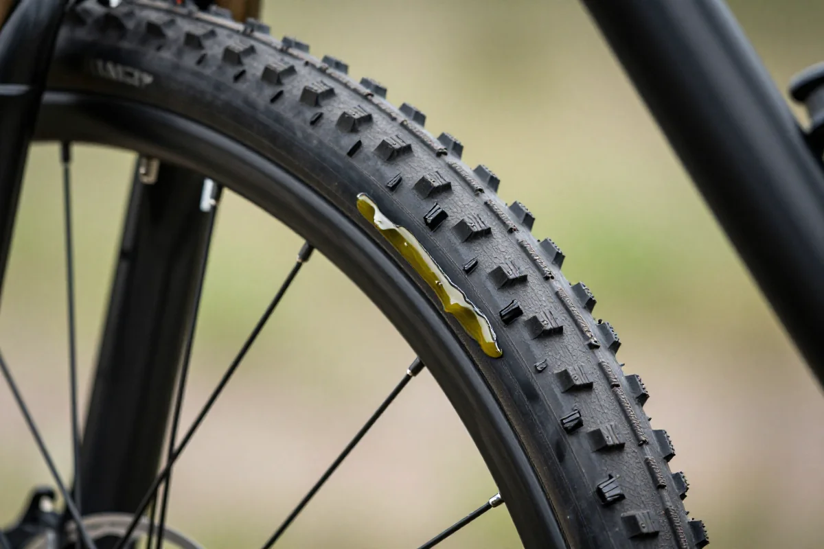 Zbliżenie na oponę tubeless w rowerze górskim, ukazujące szczegóły konstrukcji.