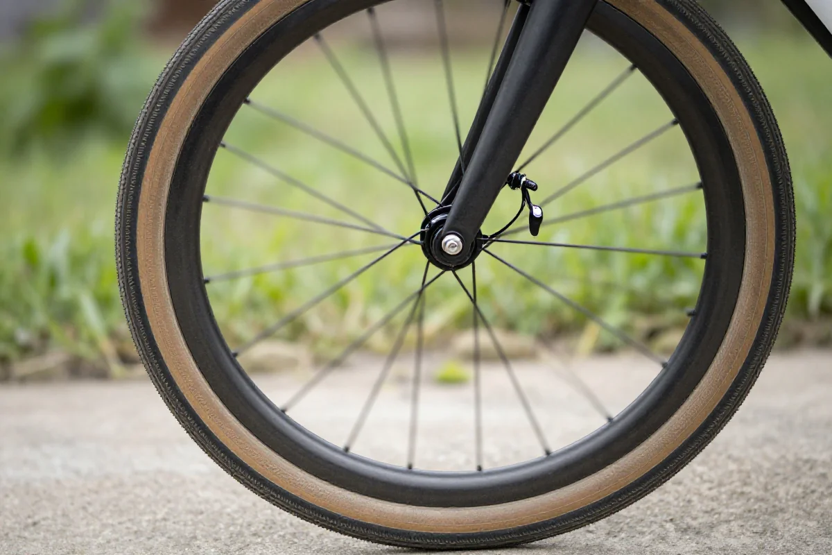 Zbliżenie na oponę tubeless na obręczy bezdętkowej roweru górskiego.