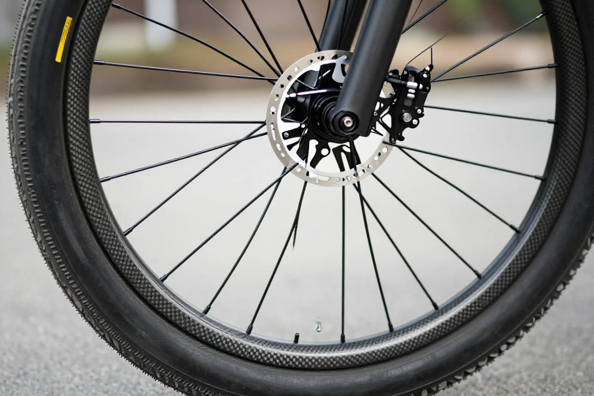 Zbliżenie na karbonowe koło MTB z systemem tubeless, ukazujące szczegóły obręczy.