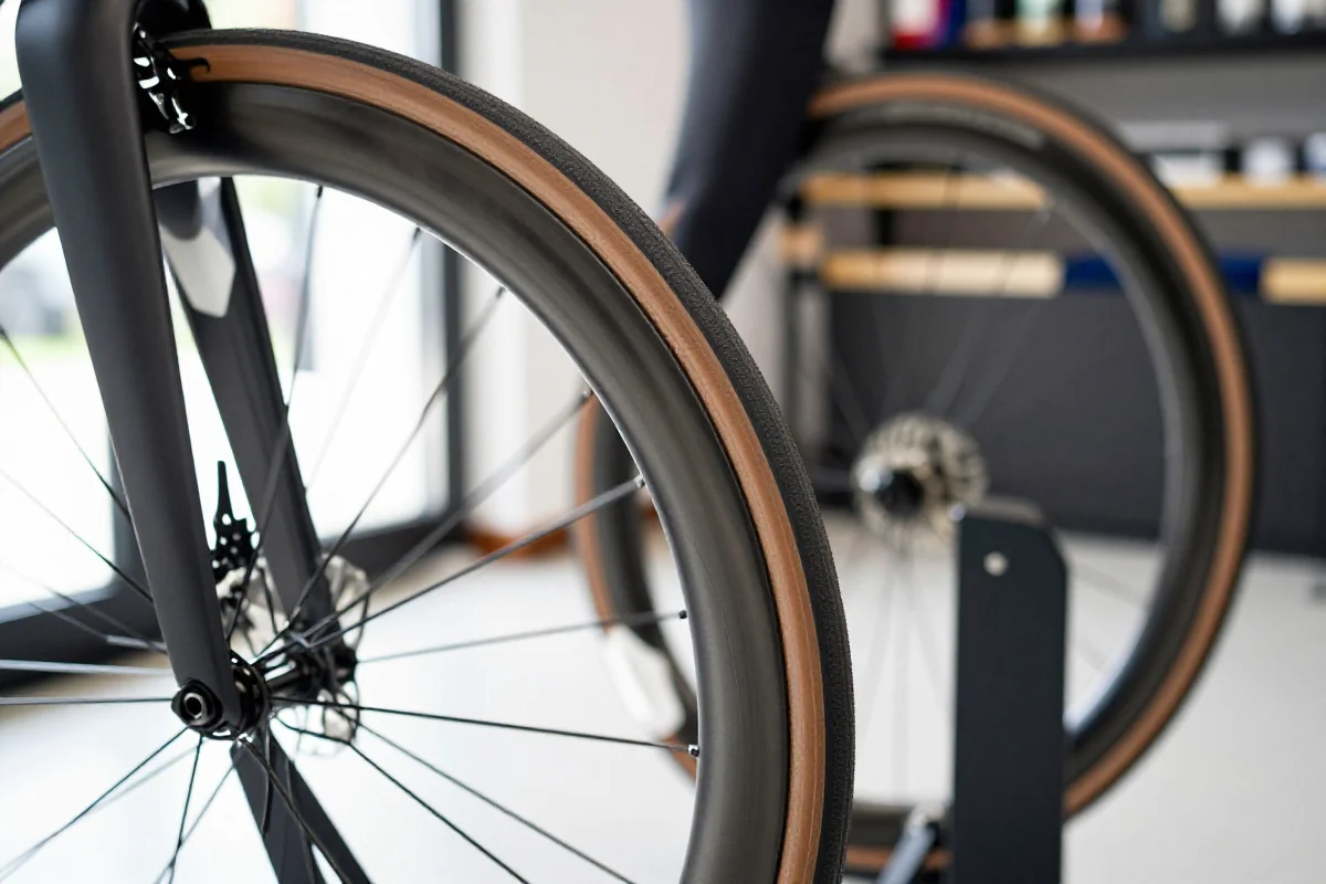 Opony clincher na obręczy roweru szosowego w warsztacie, zbliżenie na detale.