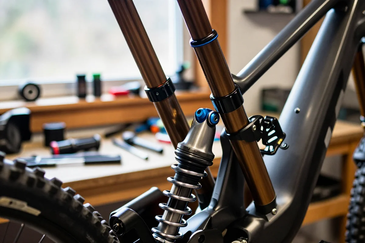 Zbliżenie na system zawieszenia roweru górskiego, ukazujące amortyzatory i detale ustawień.