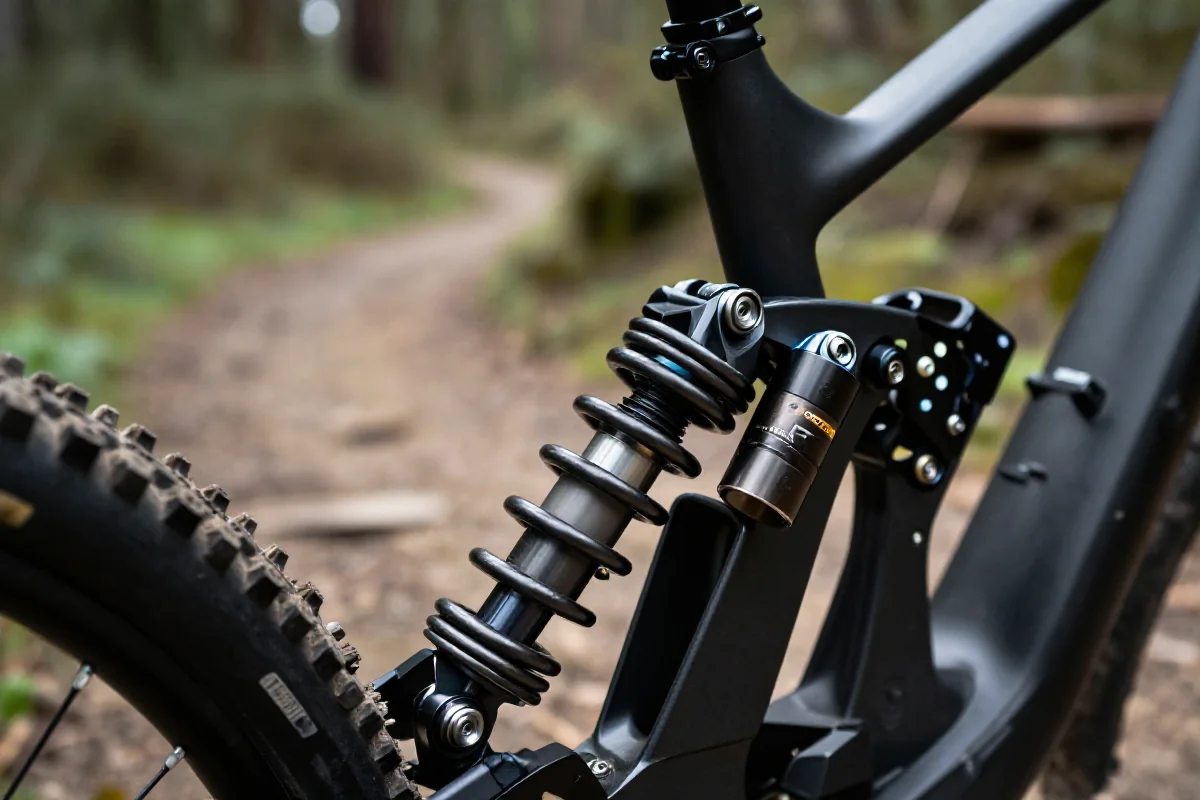 Tylni amortyzator roweru górskiego z widoczną sprężyną i szczegółami technicznymi.