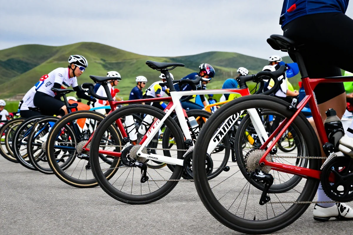 Rowerzyści przygotowujący się do Gran Fondo w malowniczym krajobrazie.