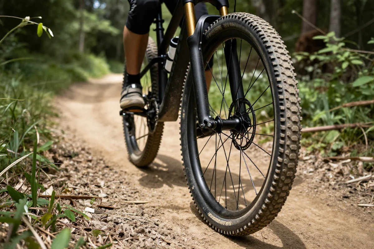 Opona roweru górskiego na twardej nawierzchni, zdjęcie w lesie