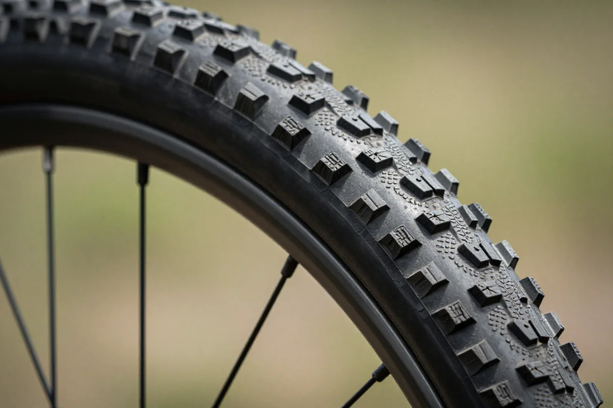 Opona MTB z widoczną twardością gumy i wkładką ochronną.