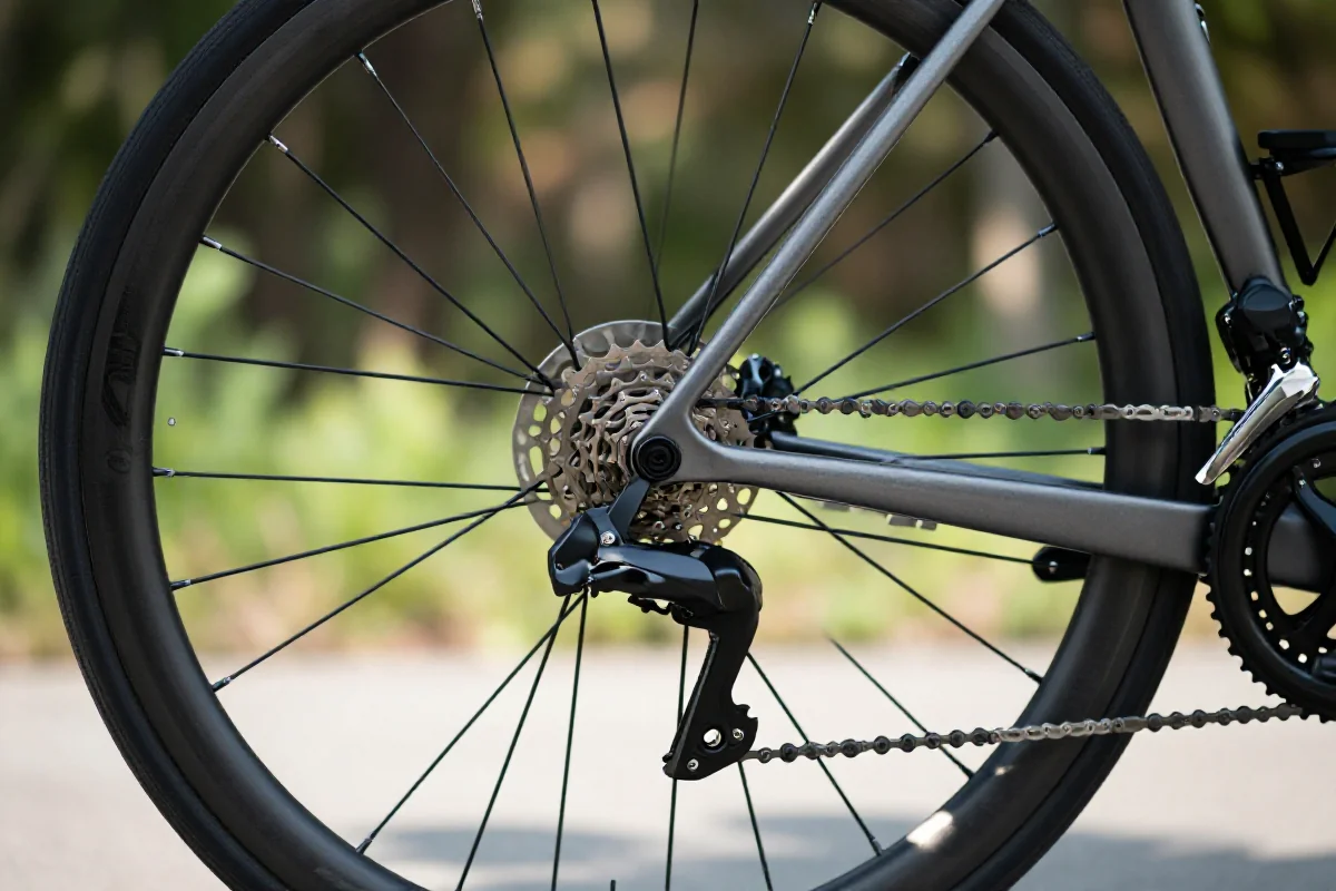 Szczegóły roweru szosowego z przekładniami i hamulcami w naturalnym otoczeniu.