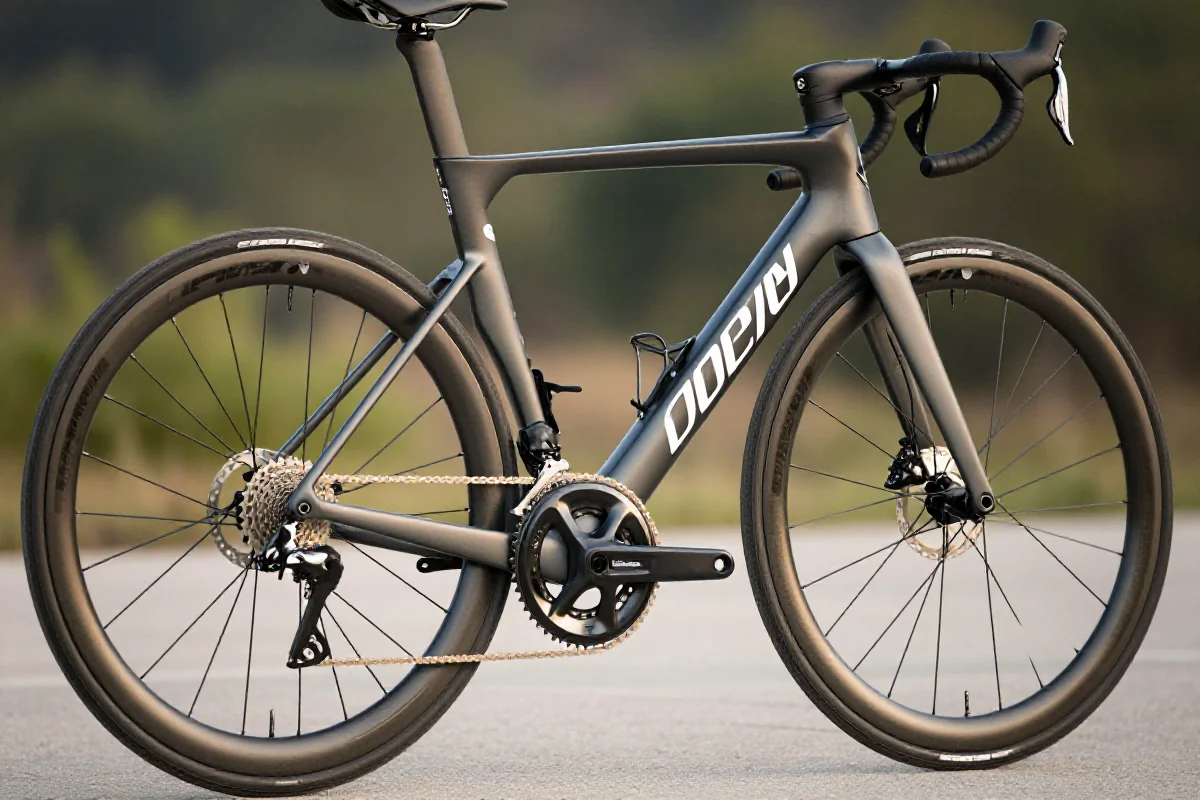 Szosowy rower z karbonową ramą i kołami 700c w naturalnym otoczeniu.