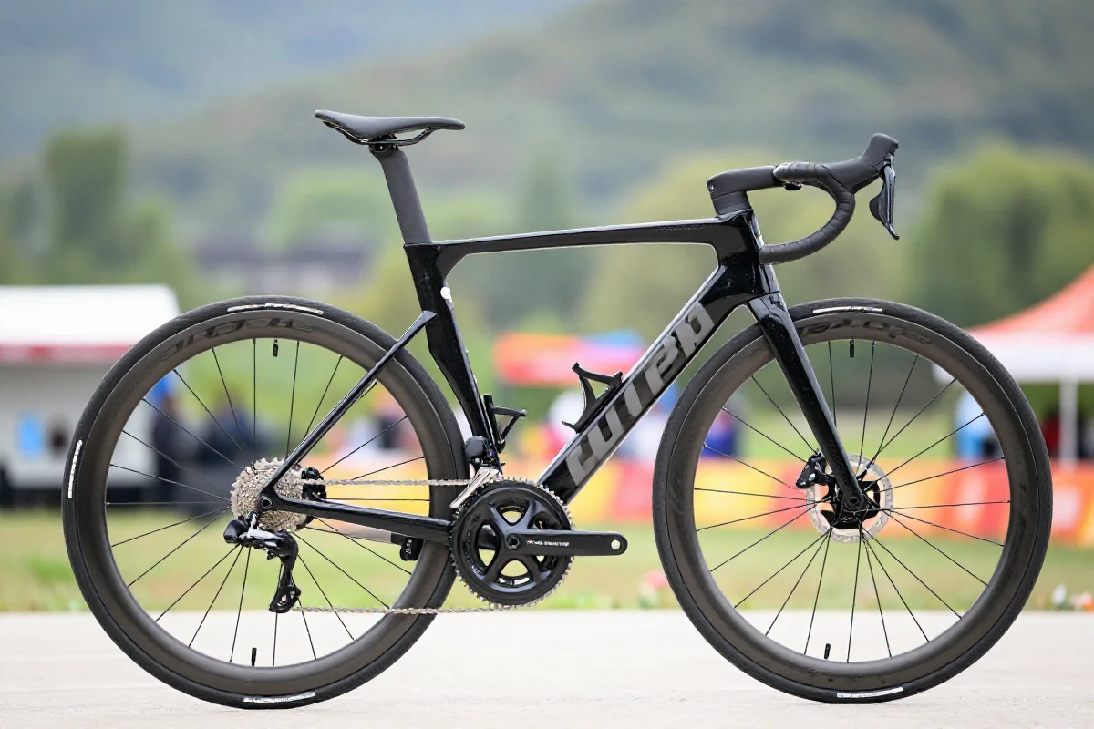 Szybki rower szosowy na tle wyścigu kolarskiego, idealny na pierwszy wyścig.