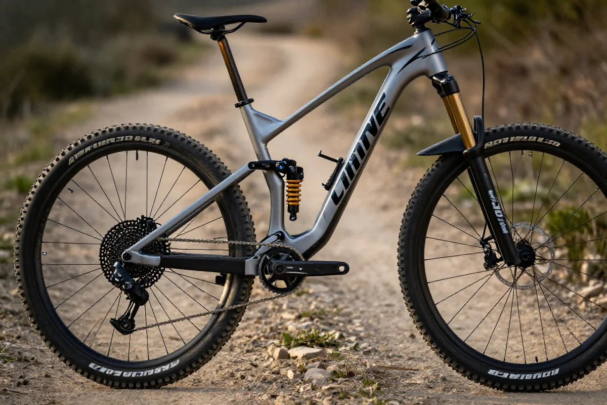 Rower górski z zaawansowanym zawieszeniem na trasie dirt jump
