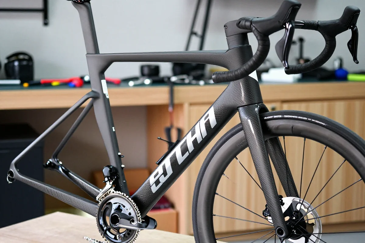 Szczegóły roweru szosowego w warsztacie, podkreślające jego komponenty i ramę.