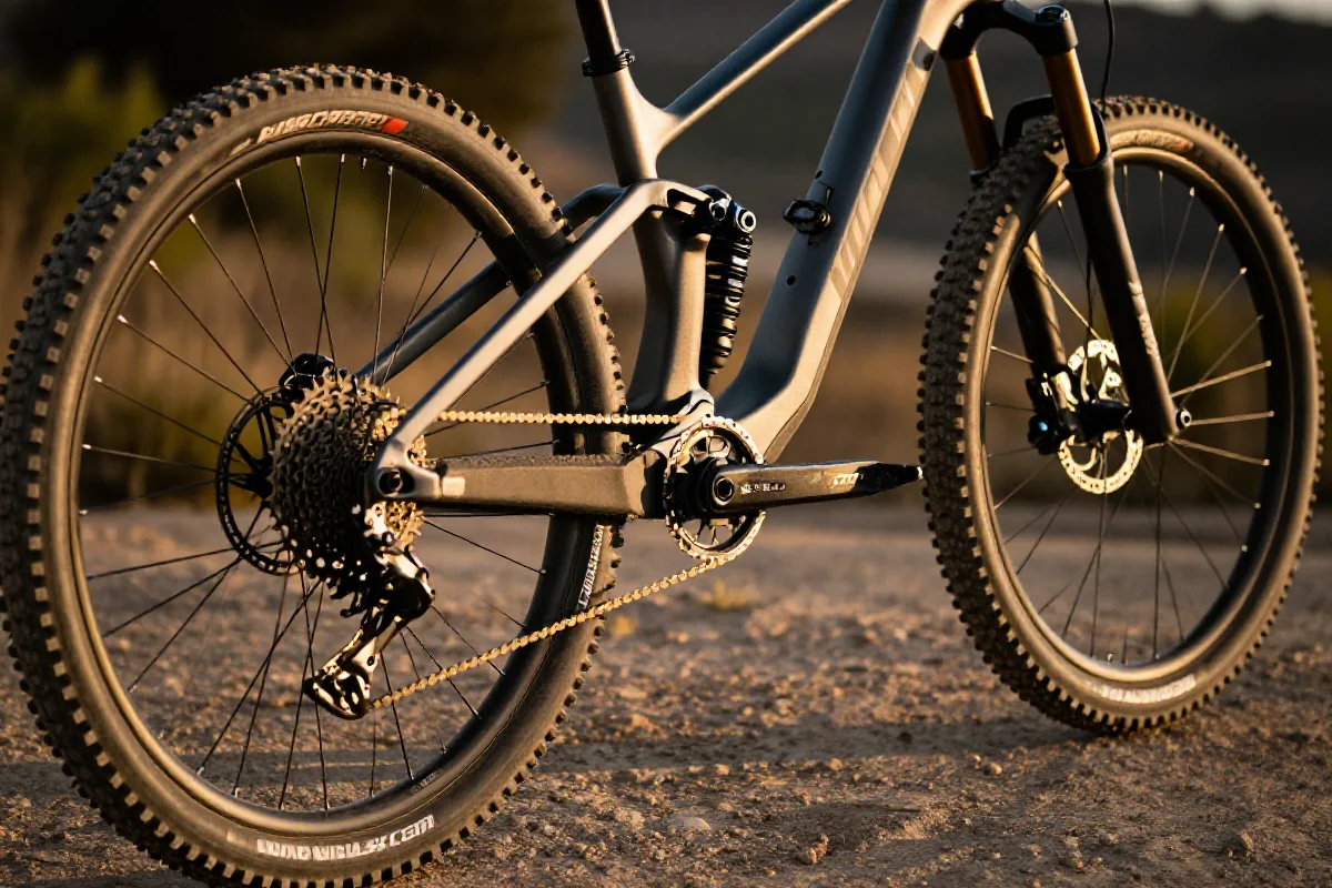 Rower górski na trudnym terenie, podkreślający detale wytrzymałości MTB.