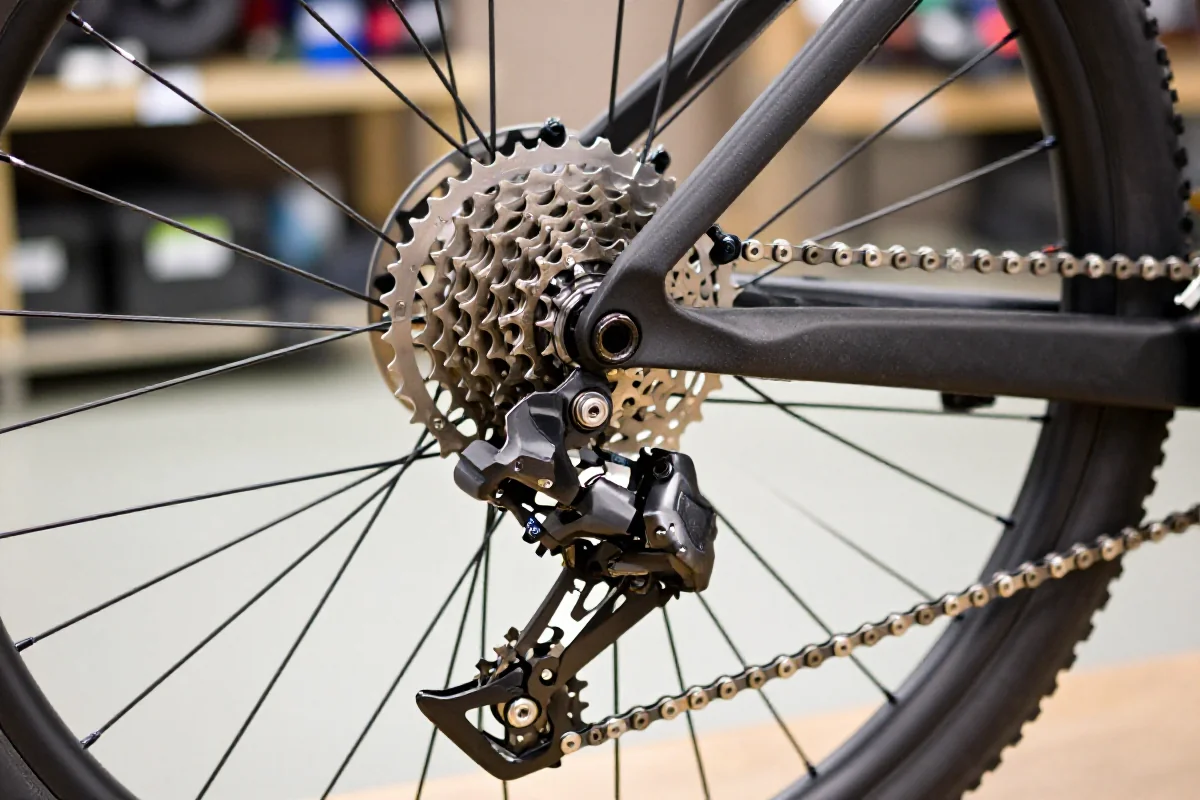 Zbliżenie na tylną przerzutkę i kasetę roweru górskiego w warsztacie