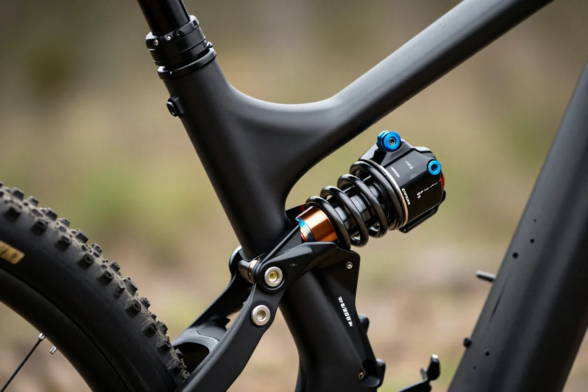 Zbliżenie na tylny amortyzator MTB, ukazujący szczegóły konstrukcyjne i techniczne.