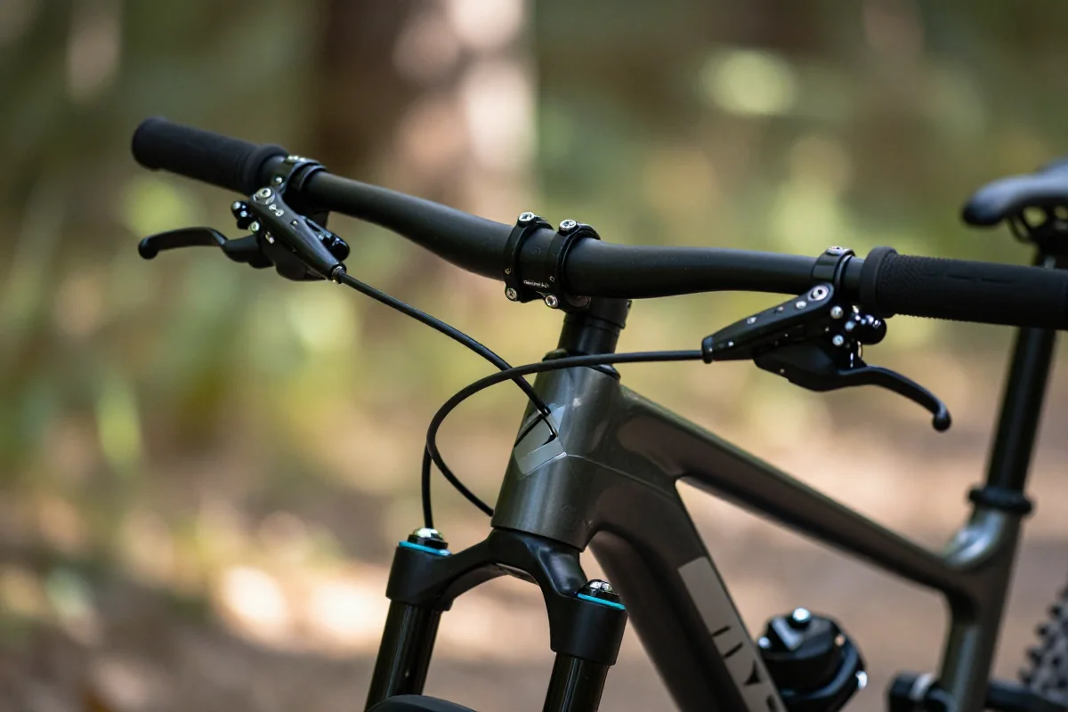 Detal rączek i hamulców roweru górskiego w naturalnym otoczeniu