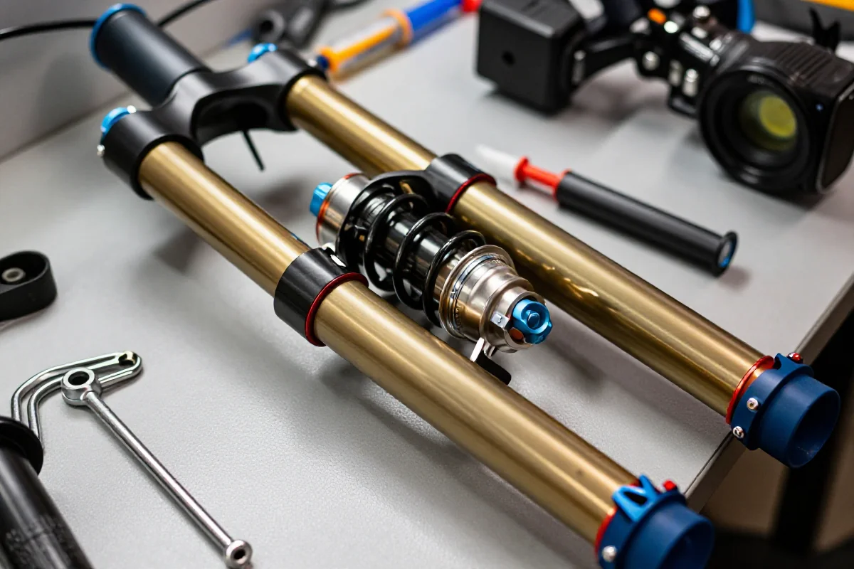 Serwis widelca amortyzowanego MTB na stole warsztatowym z narzędziami