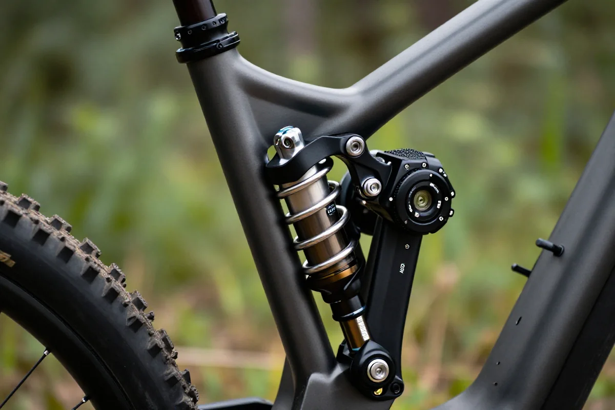 Tylny amortyzator MTB w naturalnym otoczeniu, ukazujący szczegóły techniczne.