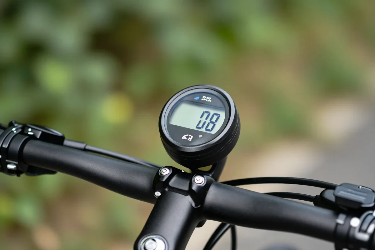 Nowoczesny licznik rowerowy z wyświetlaczem LED w naturalnym otoczeniu.