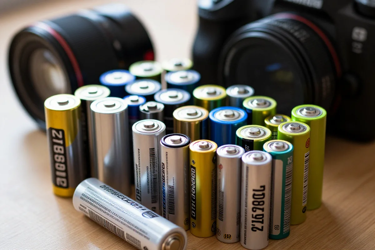 Różne ogniwa litowo-jonowe do rowerów elektrycznych na drewnianym blacie.