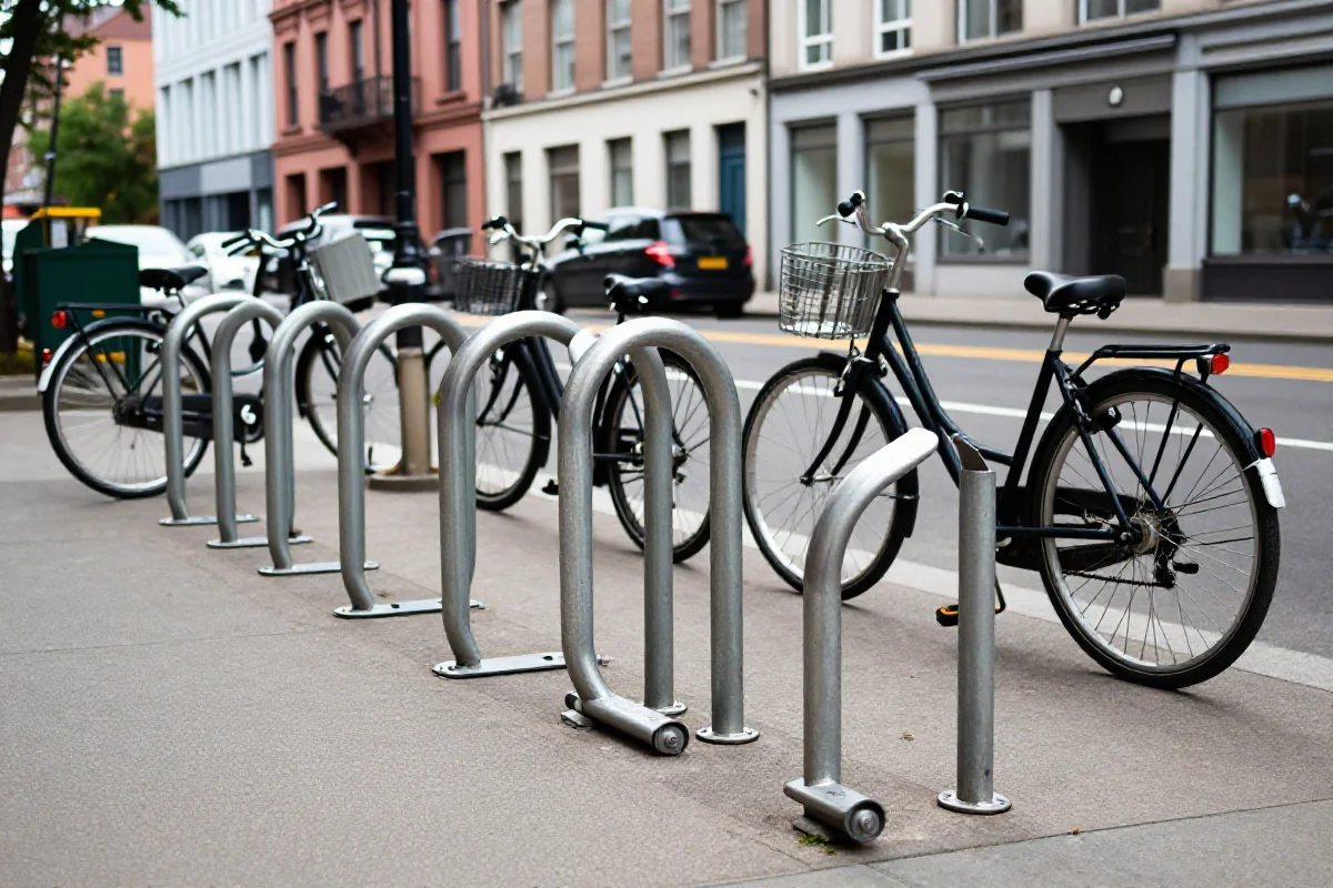 Różne typy parkingów rowerowych w miejskiej przestrzeni, w tym stojaki klasyczne i U-kształtne.