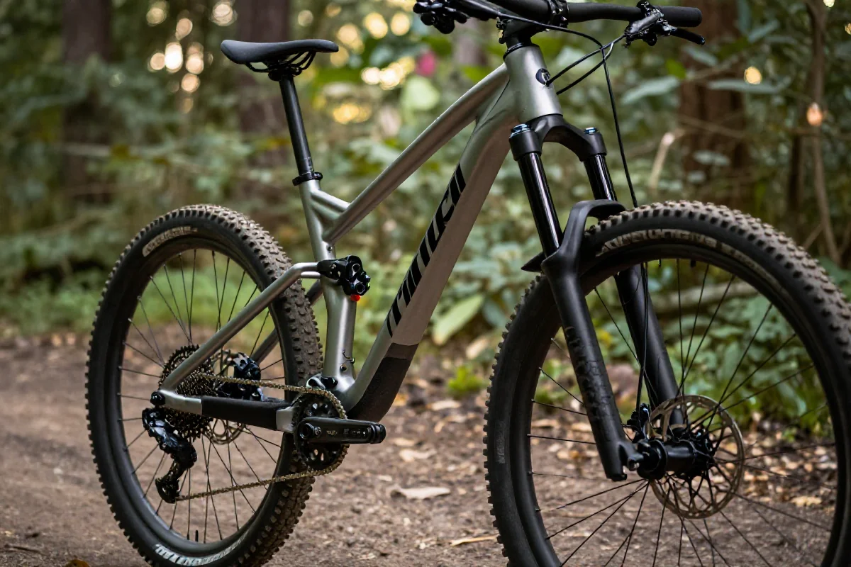 Szczegółowy widok na ramę roweru górskiego hardtail na tle leśnej ścieżki.