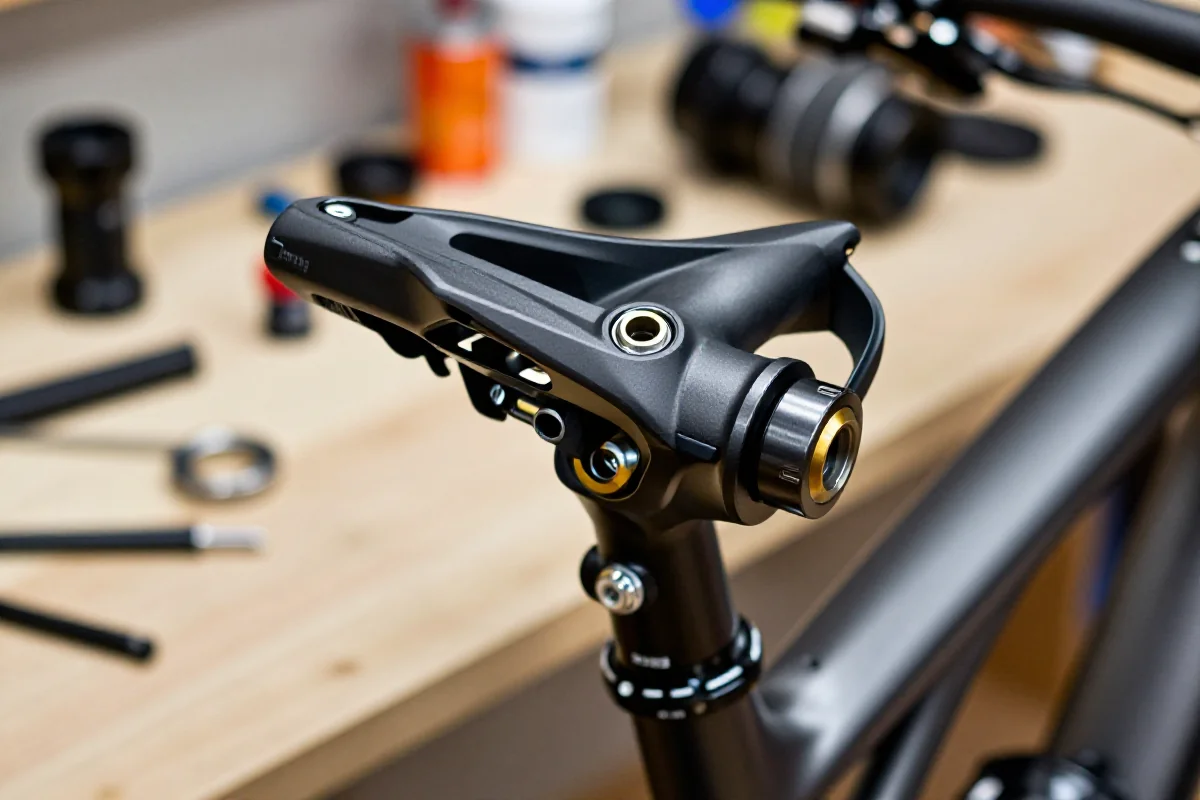 Zbliżenie na zintegrowane sterowanie MTB z łożyskami i ramą roweru.