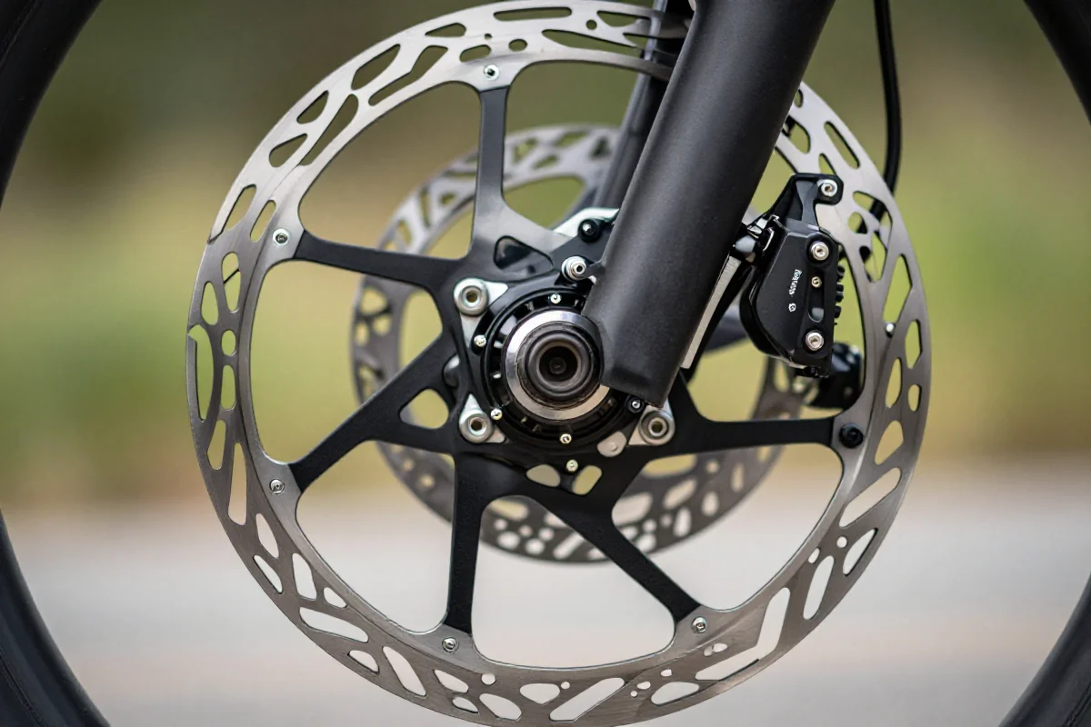 Szczegółowe ujęcie tarczy hamulcowej typu centerlock w rowerze MTB.