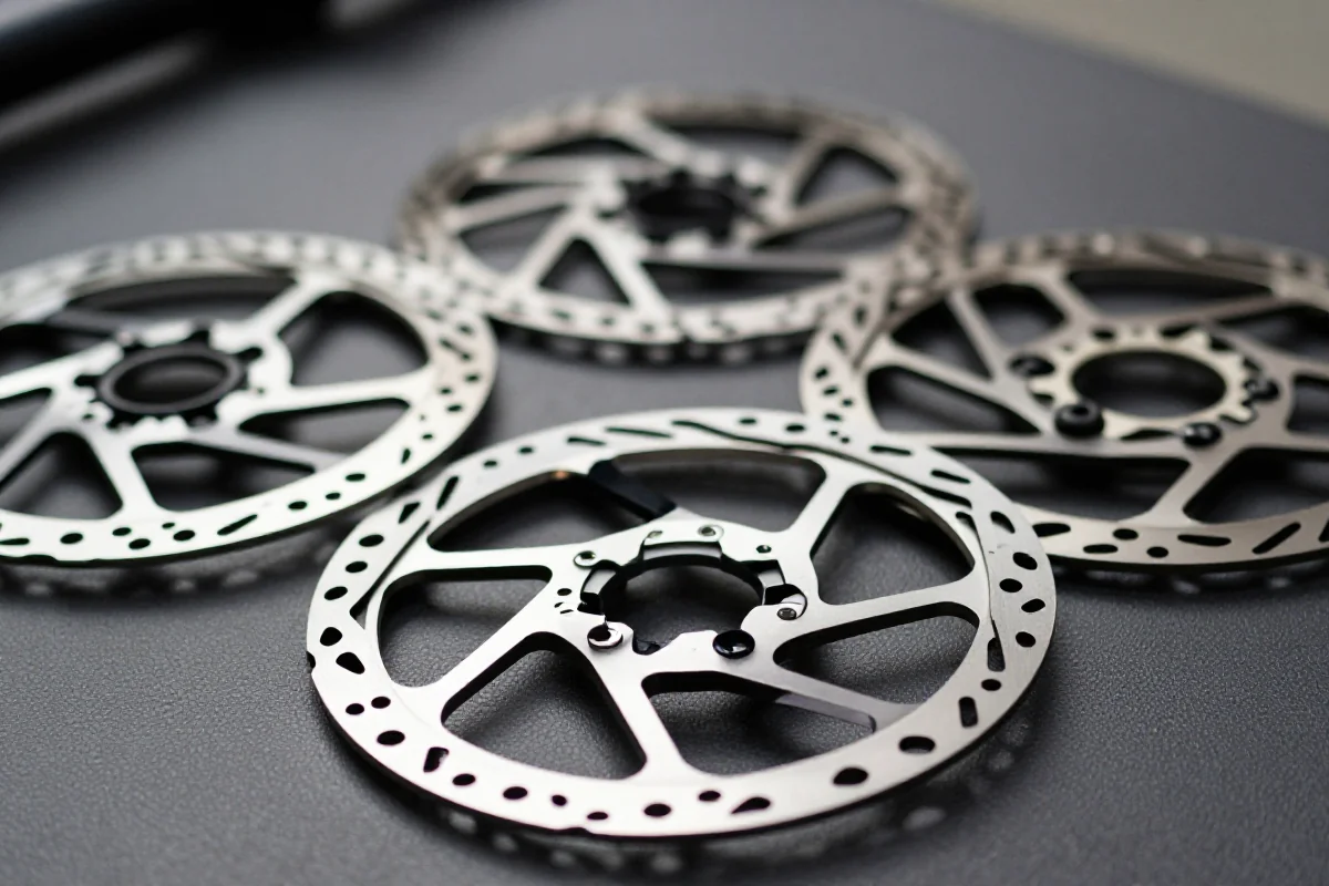 Typy tarcz hamulcowych: stalowe, bi-metalowe i floating rotors na ciemnym tle.