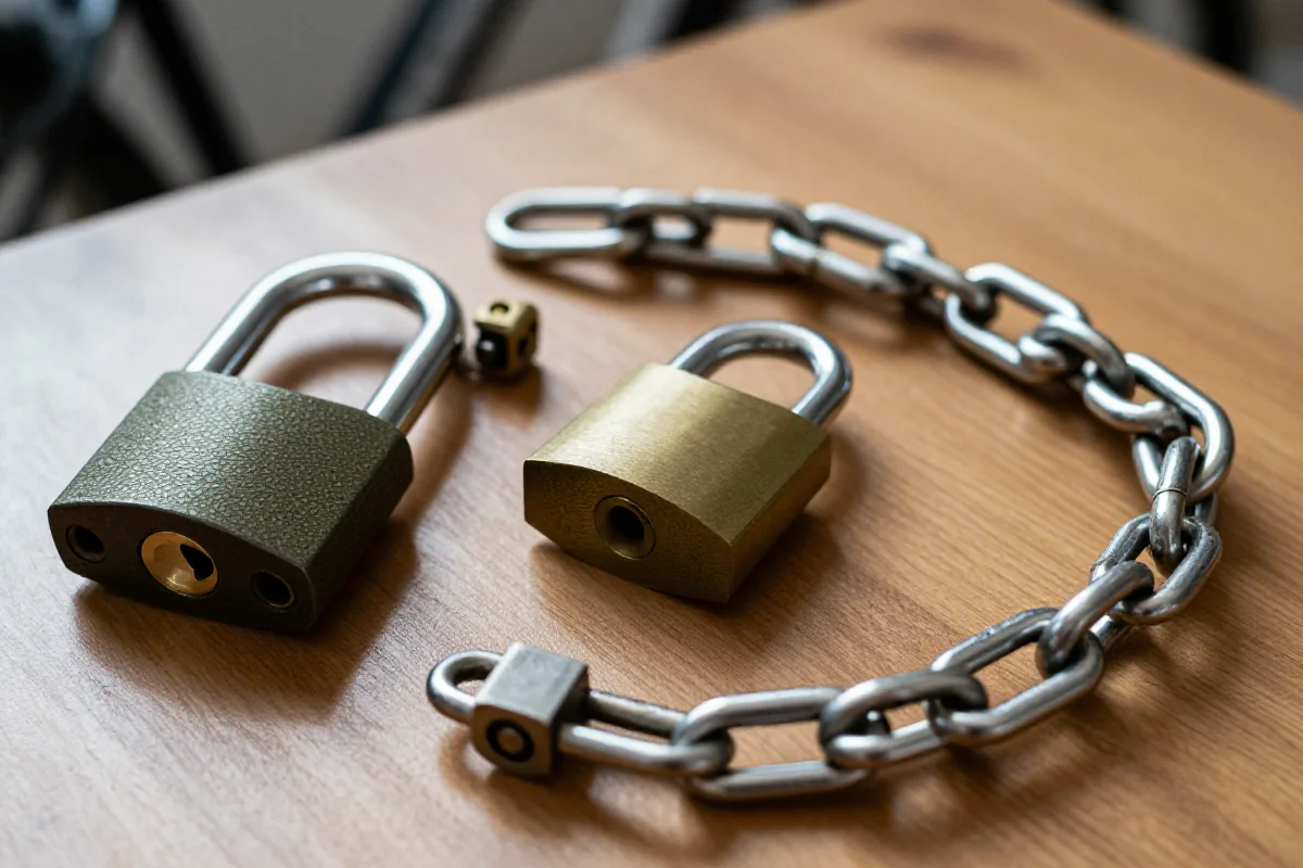 Rodzaje zamków rowerowych: U-lock, zamek łańcuchowy i linkowy na stole.