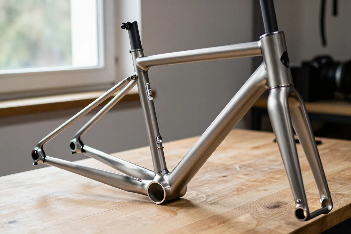 Zbliżenie na ramę roweru szosowego z tytanu na drewnianym warsztacie.