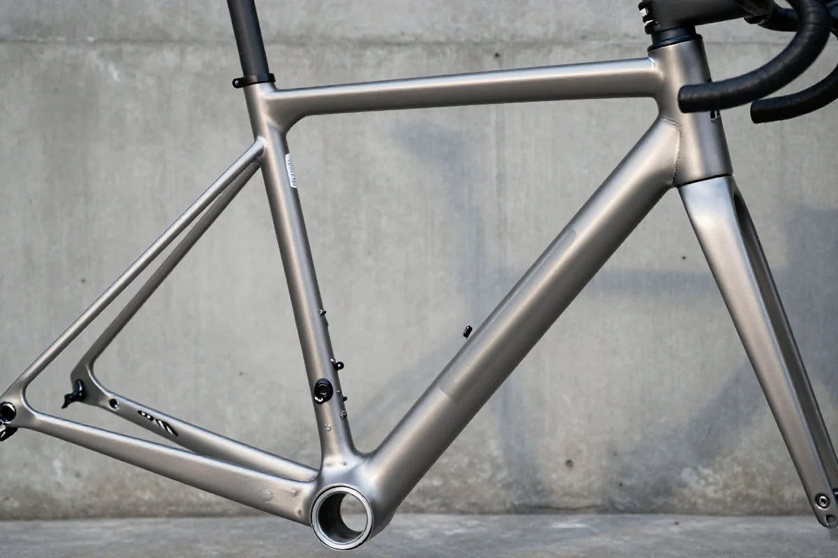 Zbliżenie na tytanową ramę roweru szosowego, ukazującą jej trwałość i jakość.