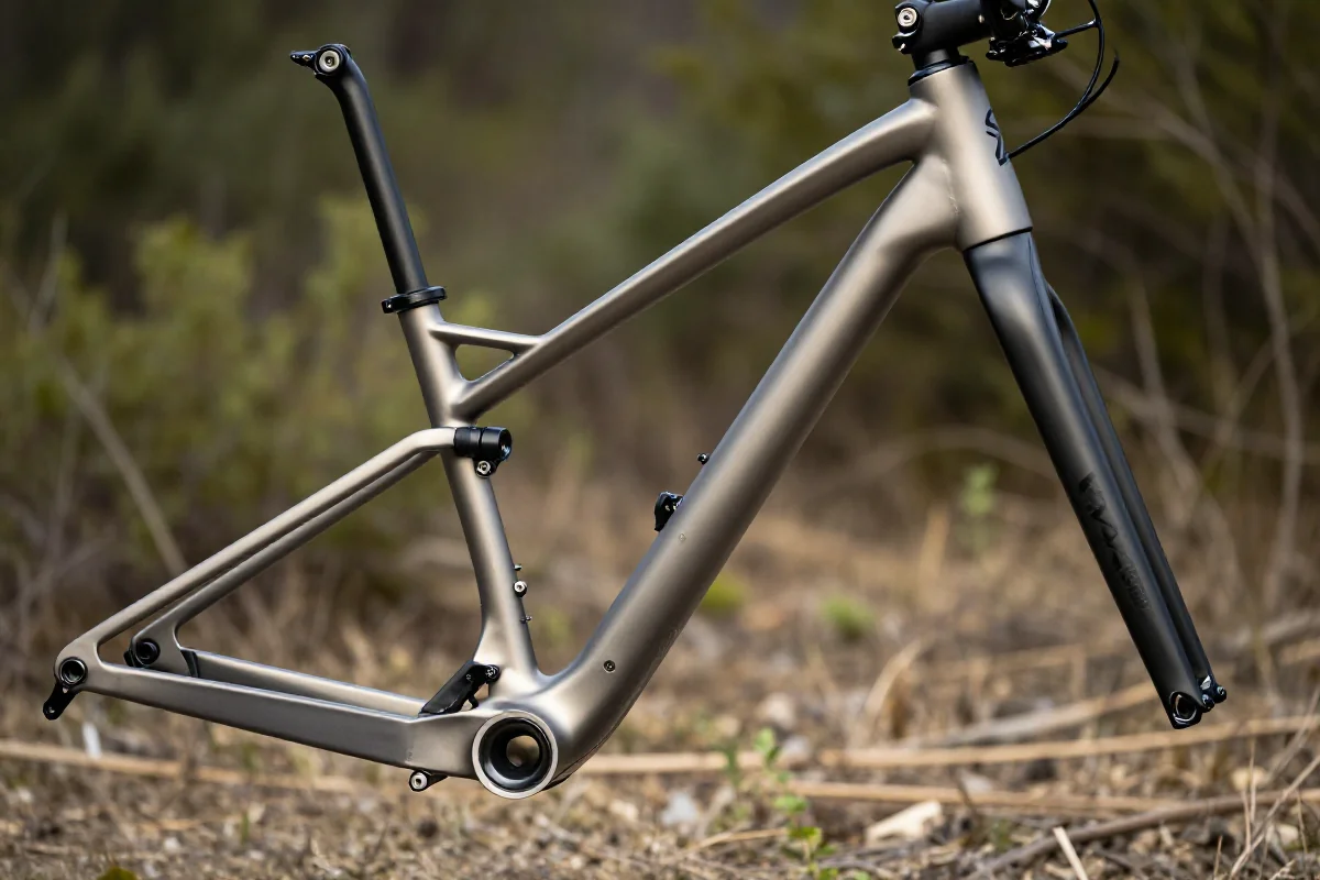 Rama roweru górskiego z tytanu w naturalnym otoczeniu, idealna do bikepackingu.