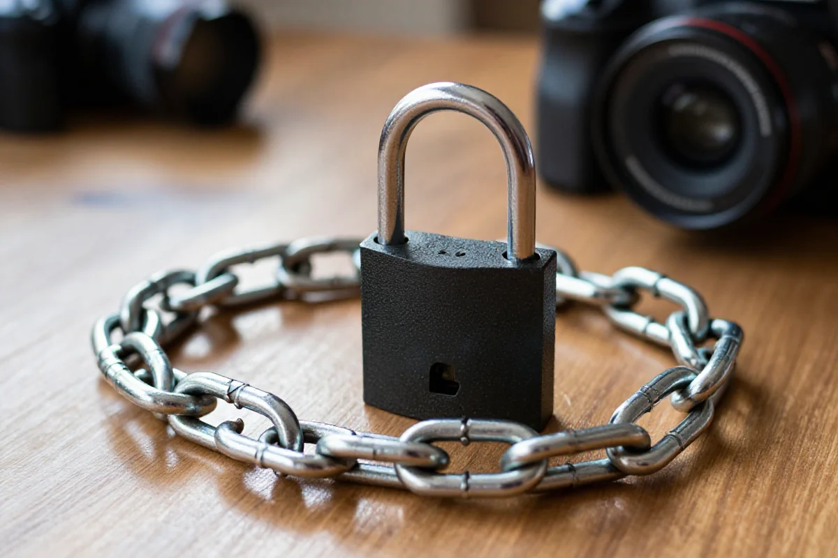 Zamek U-Lock i zamek łańcuchowy na drewnianym stole.