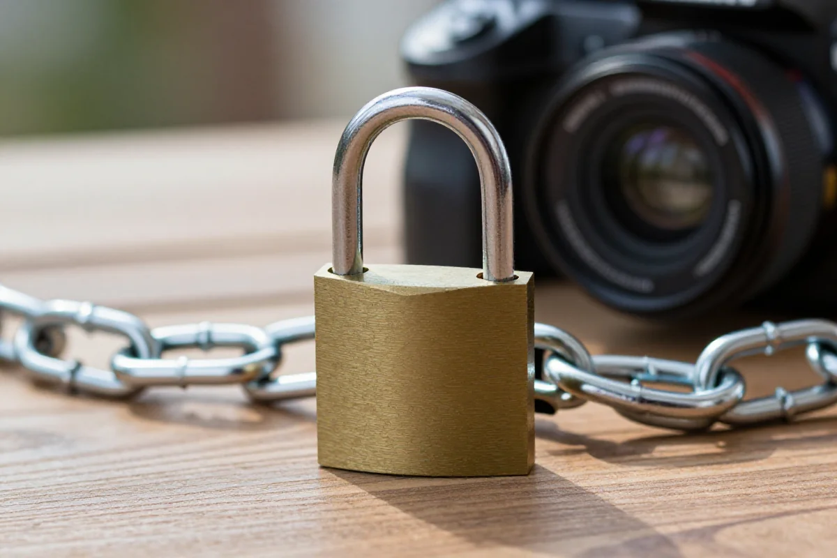 Zapięcia rowerowe: U-lock i łańcuch na drewnianym tle.