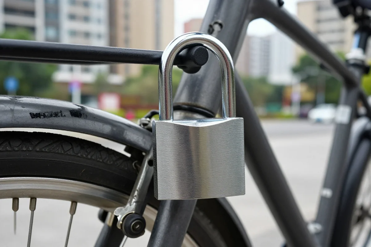 Zamek U-lock zabezpieczający rower w miejskim otoczeniu.