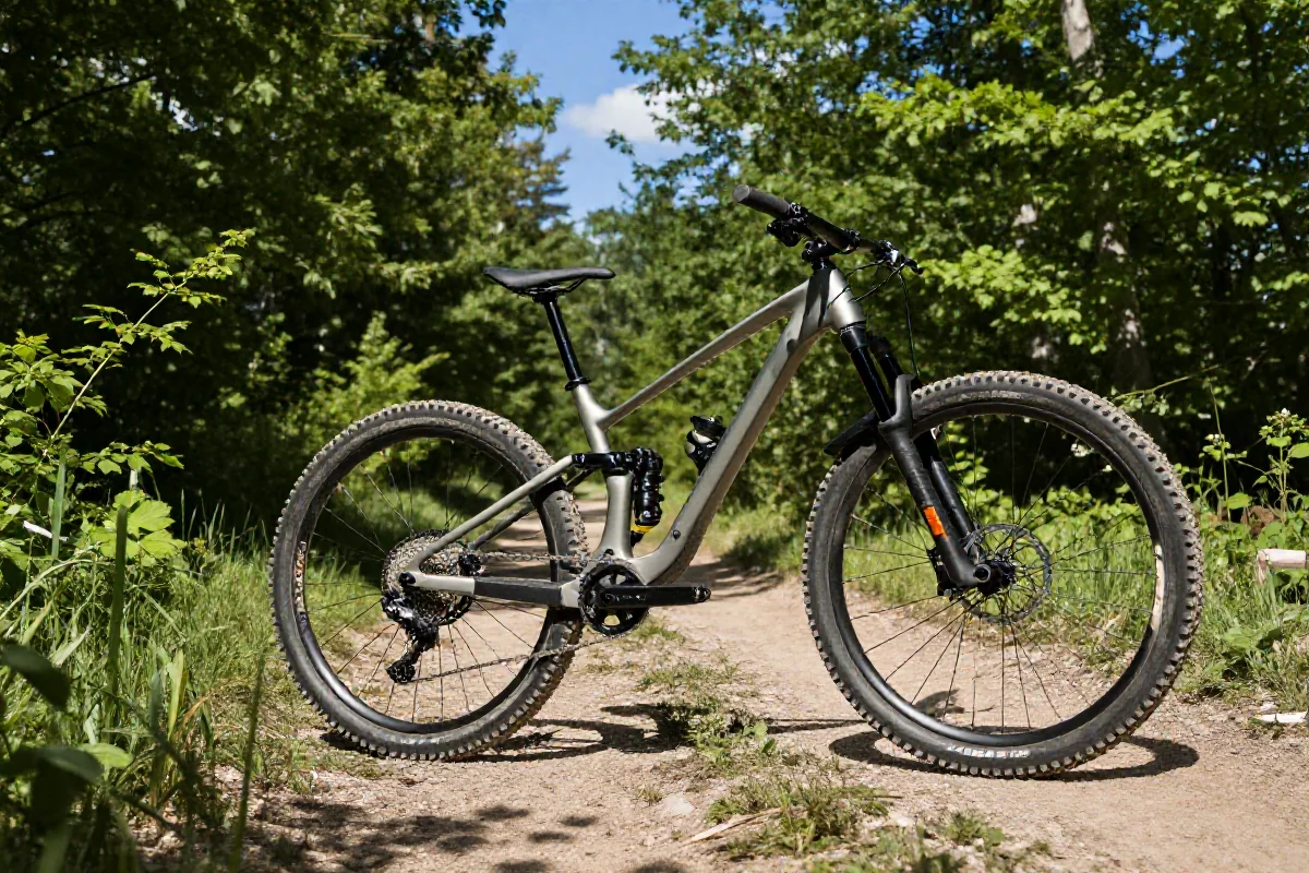 Rower górski na szlaku w lesie, elementy ubezpieczenia dla rowerzystów.