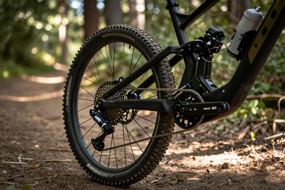 Szczegóły roweru górskiego pokazujące system przerzutek i hamulce
