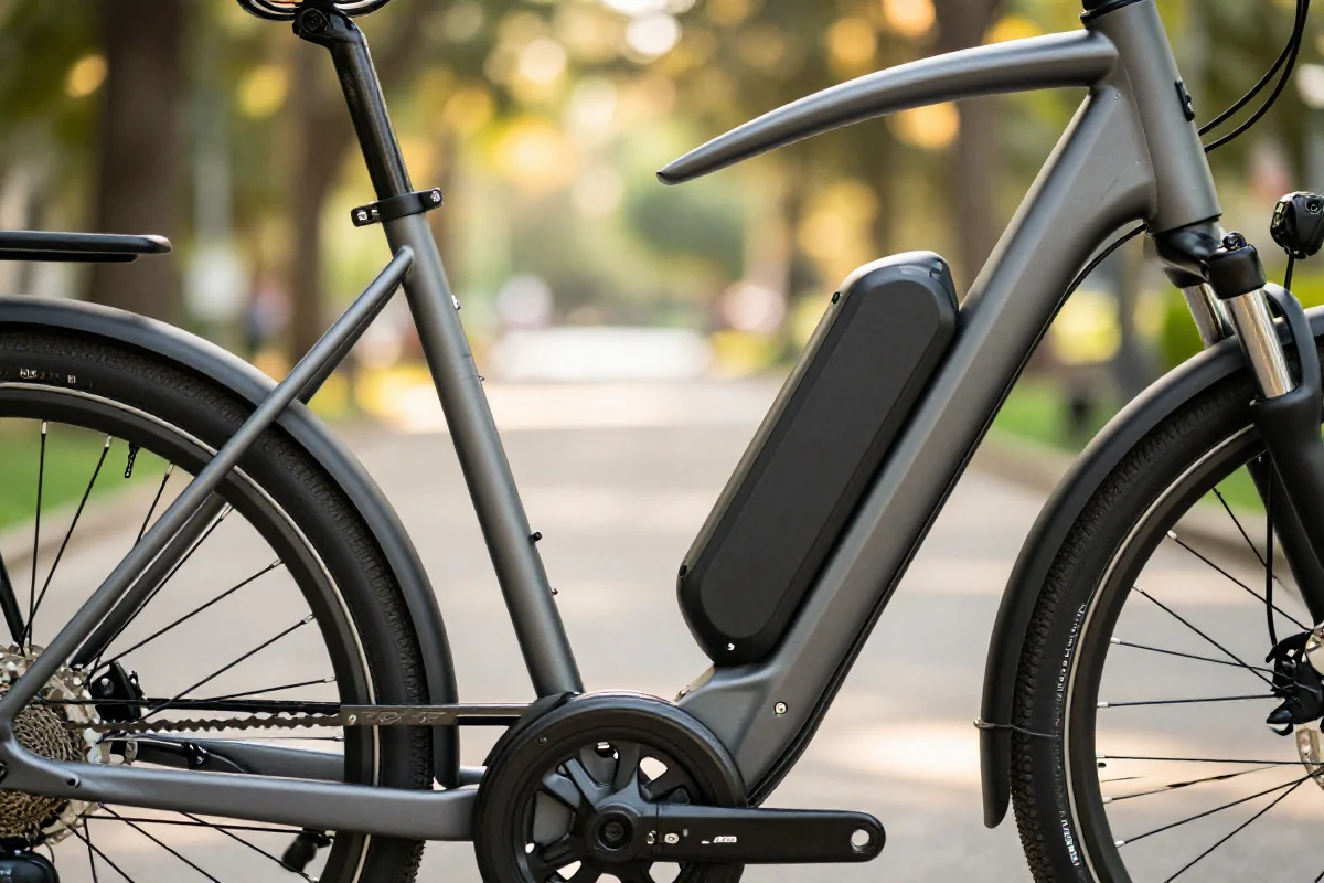 Szczegóły nowoczesnego roweru elektrycznego z widocznym silnikiem i akumulatorem.