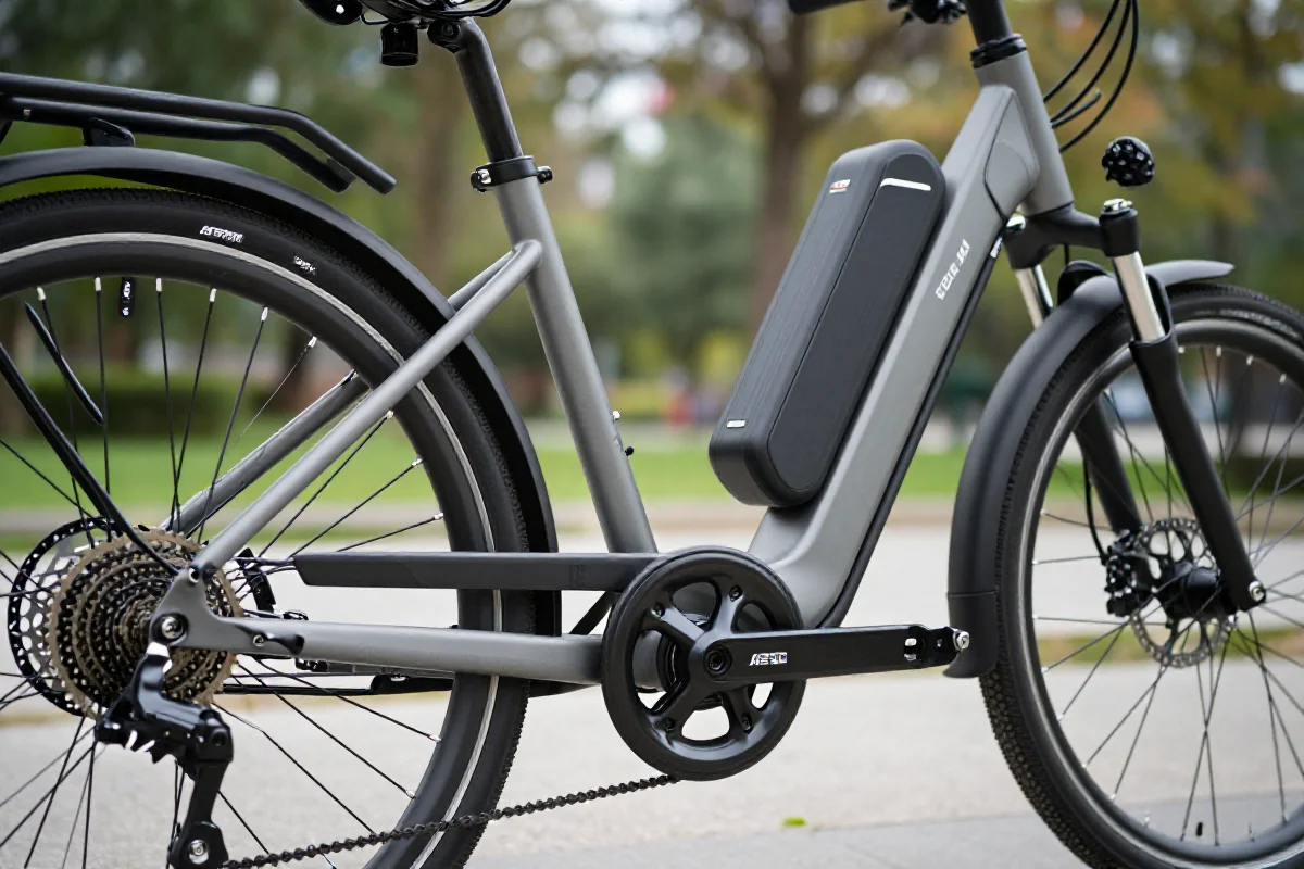 Rower elektryczny z widocznymi elementami technicznymi i akcesoriami.