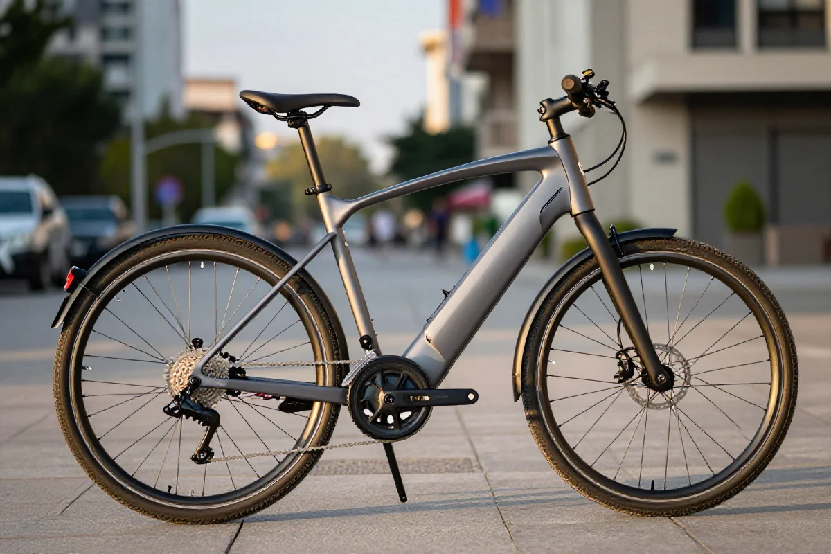 Nowoczesny rower elektryczny w miejskim otoczeniu, ukazujący zaawansowane elementy.