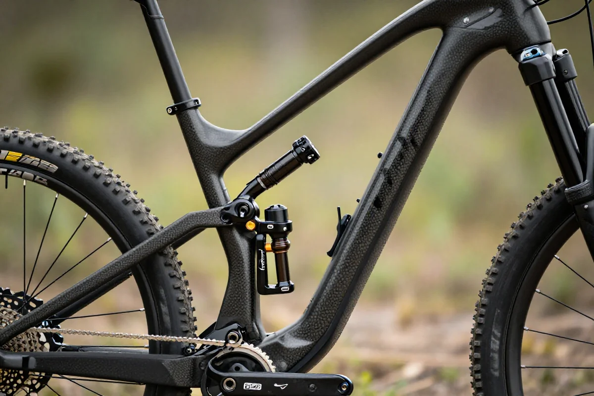 Szczegóły wysokiej klasy roweru MTB z karbonową ramą i innowacyjnym zawieszeniem.
