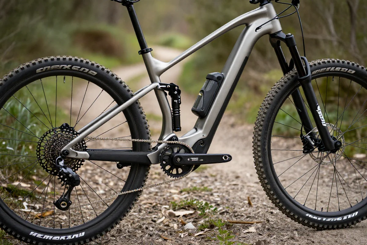 Zbliżenie na rower elektryczny górski w naturalnym otoczeniu leśnym.