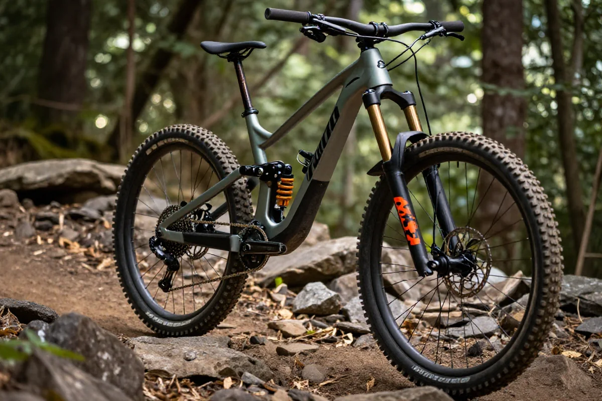 Zbliżenie na rower enduro na skalistej ścieżce w lesie