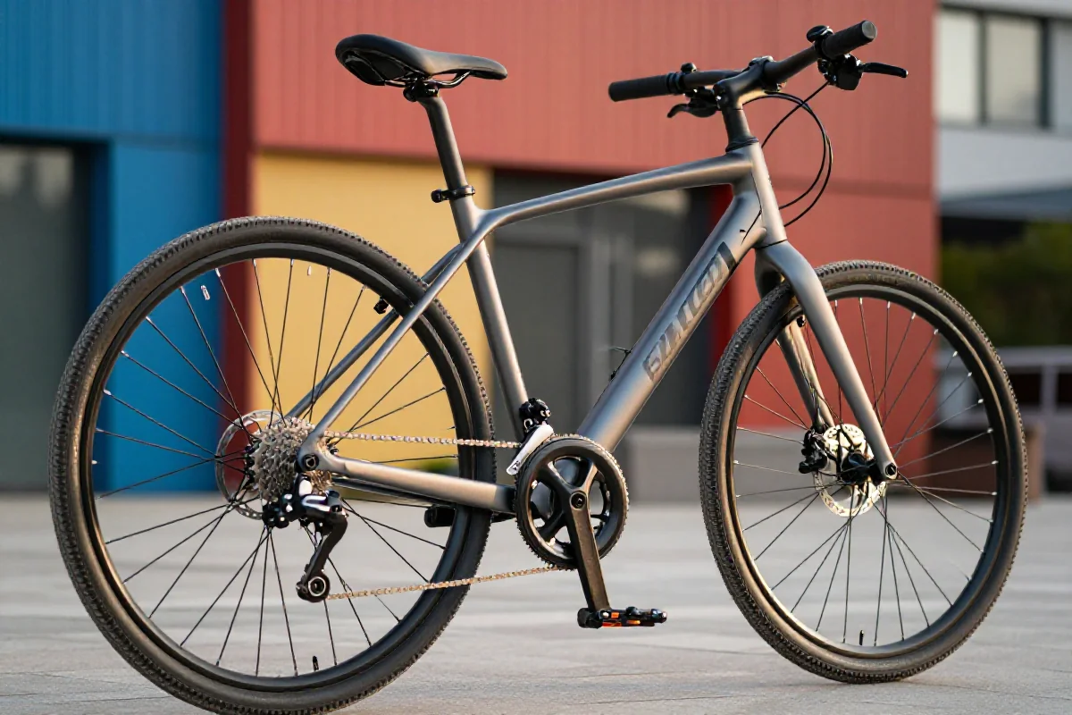 Nowoczesny rower miejski w miejskim otoczeniu, podkreślający szczegóły konstrukcyjne.