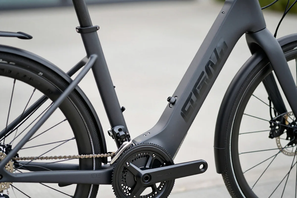 Szczegółowe zdjęcie ramy roweru elektrycznego, podkreślające nowoczesne technologie.